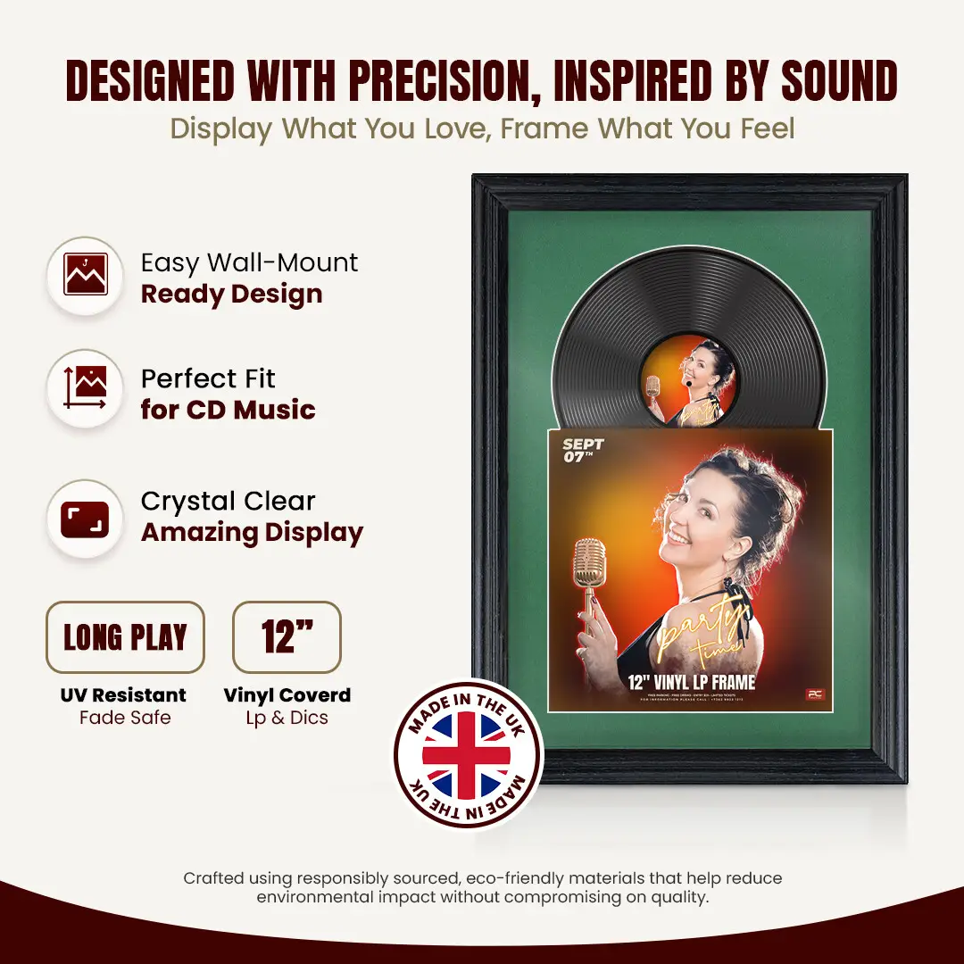 25x17" Classic Black Vinyl Record Frame For 12 Inch LP Cover & Disc With Emerald (Green) Mount | Overlapped Vinyl Display thumbnail 8