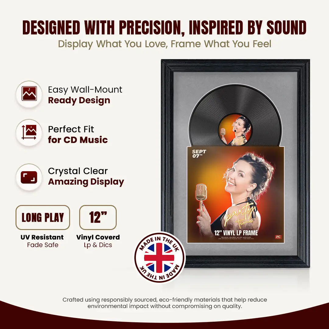 25x17" Classic Black Vinyl Record Frame For 12 Inch LP Cover & Disc With Mid Grey Mount | Overlapped Vinyl Display thumbnail 8