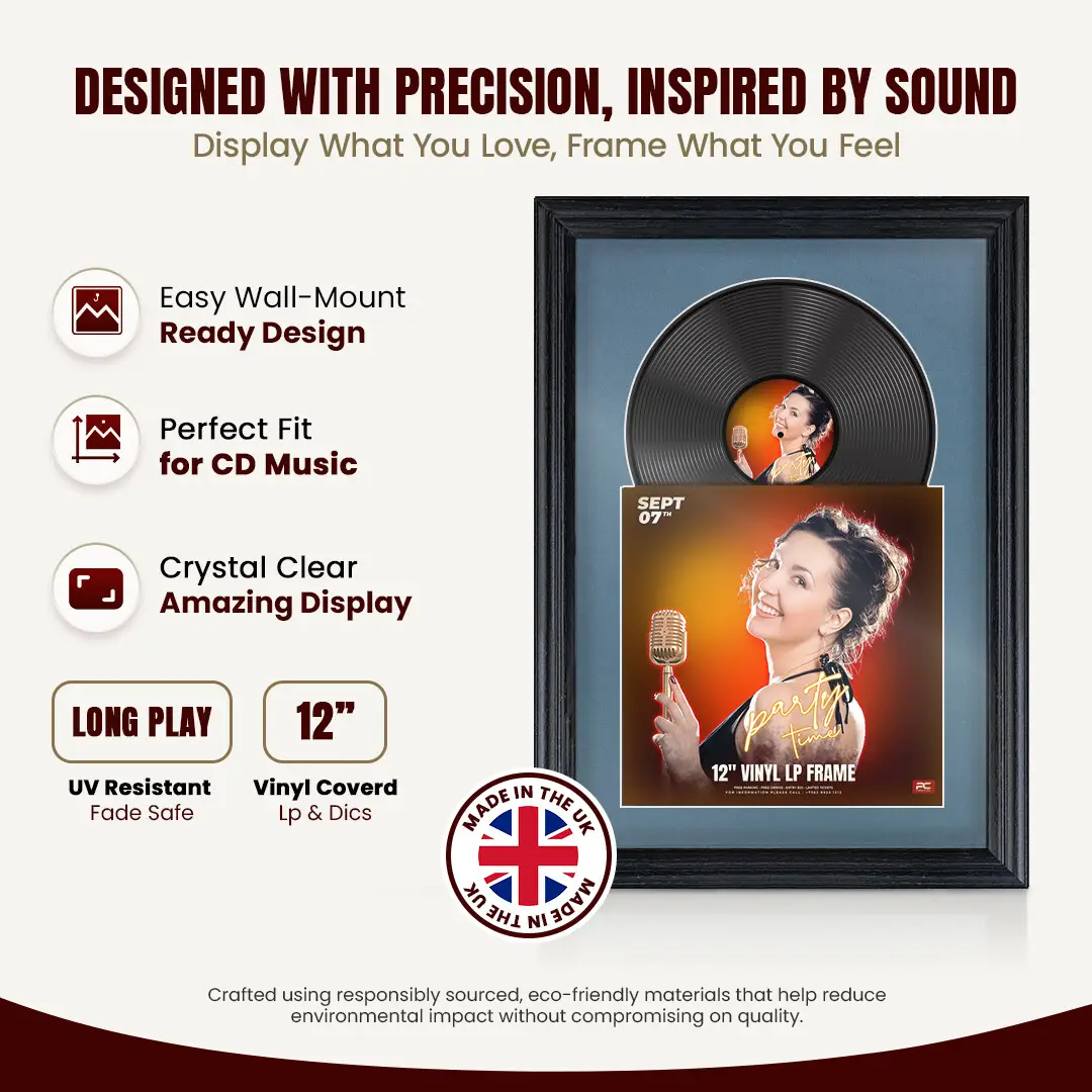 25x17" Classic Black Vinyl Record Frame For LP Cover & Disc With Pompador Mount | Overlapped Display thumbnail 8