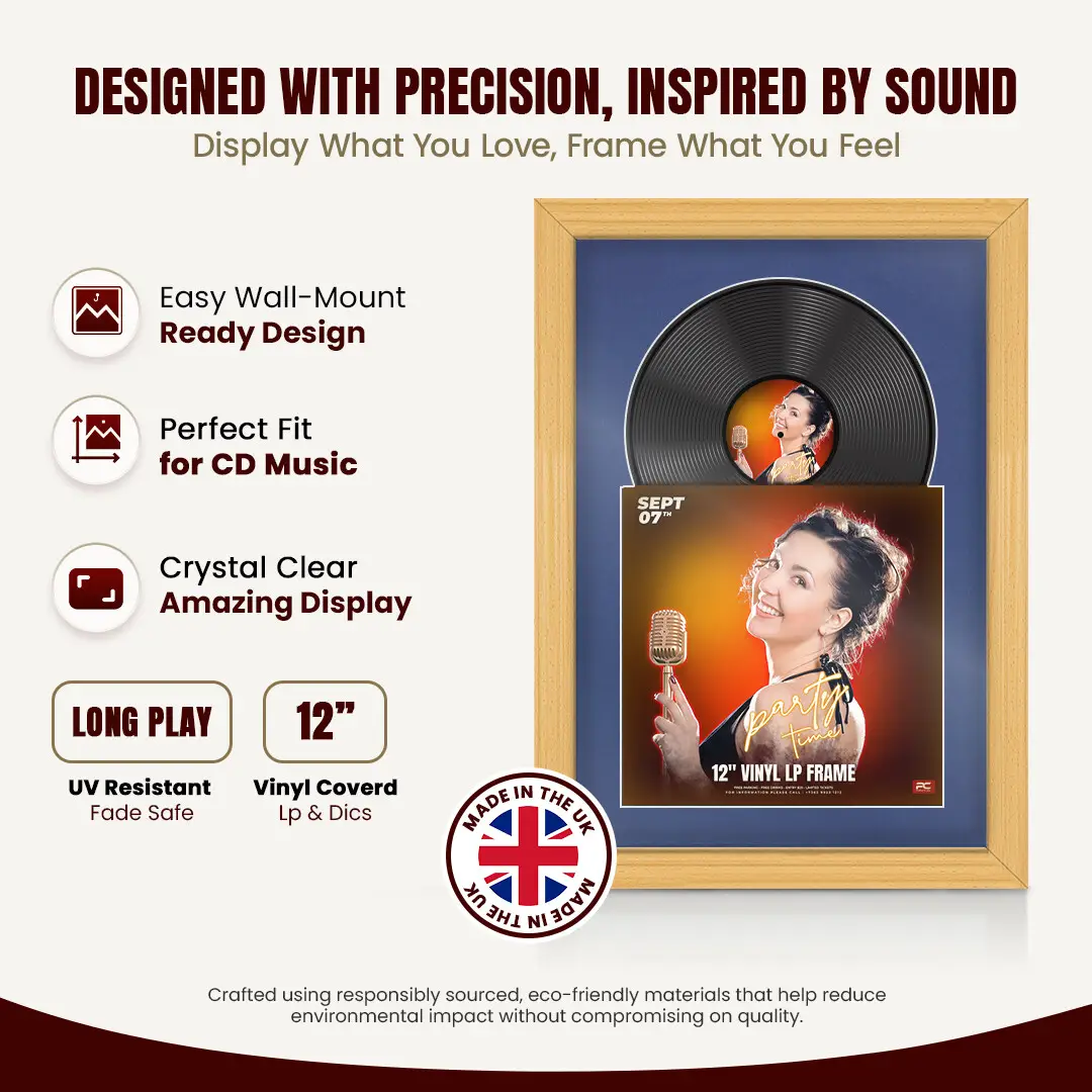 25x17" Classic Country Pine Vinyl Record Frame For LP Cover & Disc With Blue Mount | Overlapped Display thumbnail 8