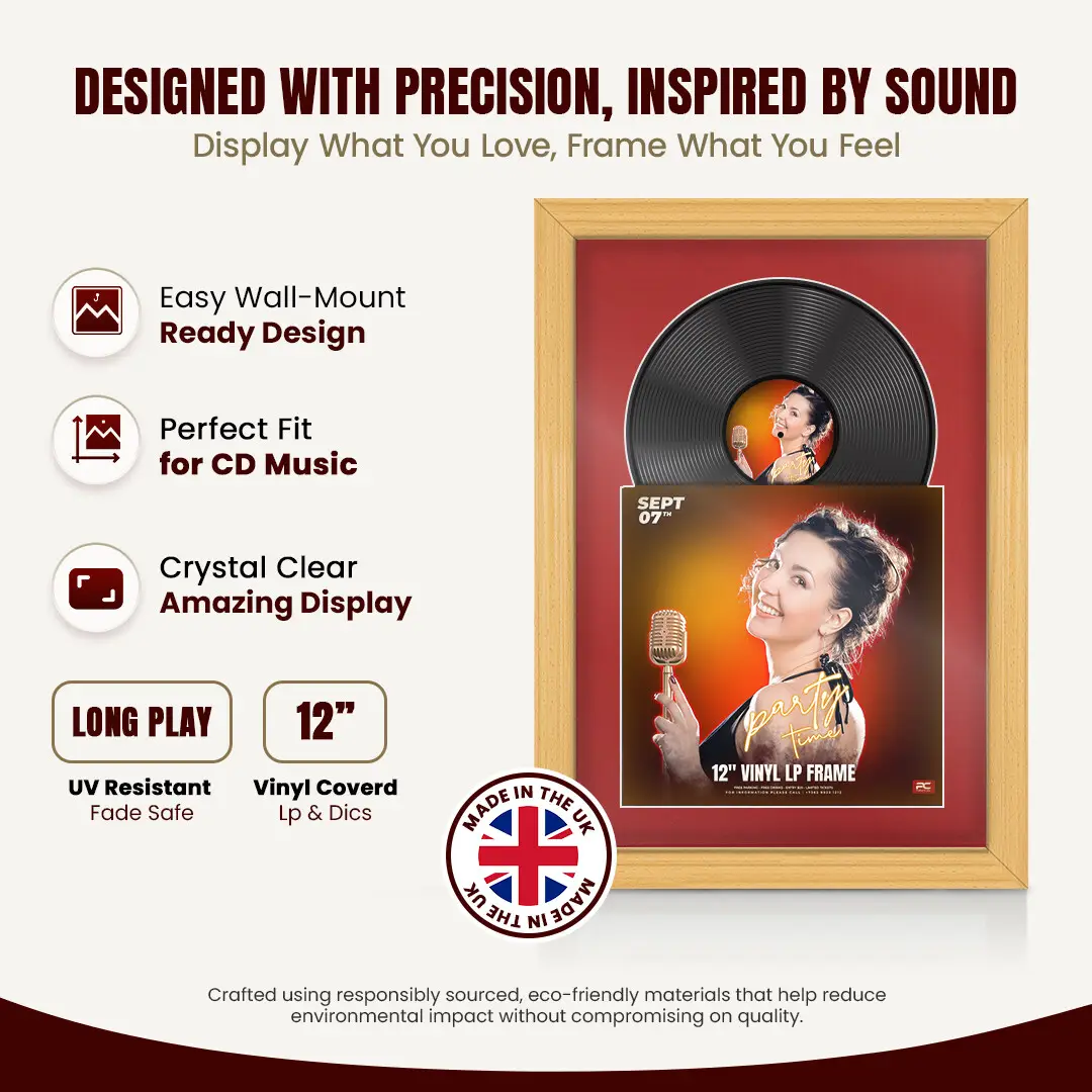 25x17" Classic Country Pine Vinyl Record Frame For 12 Inch LP Cover & Disc (Overlapped) With Crimson Mount | Elegant Music Display thumbnail 8