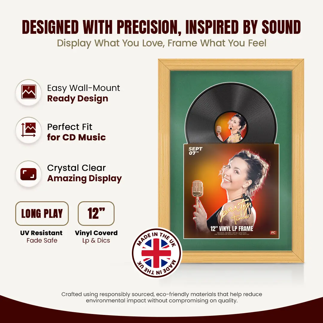 25x17" Classic Country Pine Vinyl Record Frame For LP Cover & Disc With Emerald (Green) Mount | Overlapped Display thumbnail 8
