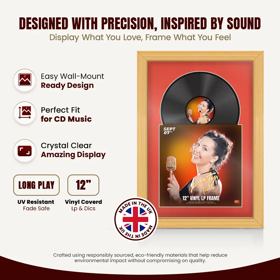 25x17" Classic Country Pine Vinyl Record Frame For LP Cover & Disc With Poppy Red Mount | Overlapped Display thumbnail 8