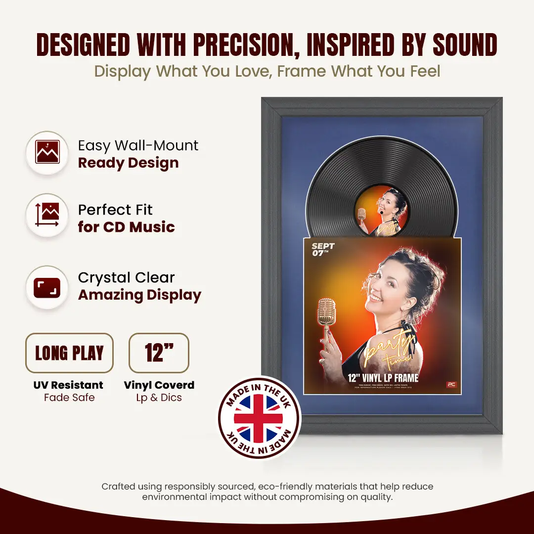 25x17" Classic Dark Grey Vinyl Record Frame For 12 Inch LP Cover & Disc With Blue Mount | Overlapped Vinyl Display thumbnail 8