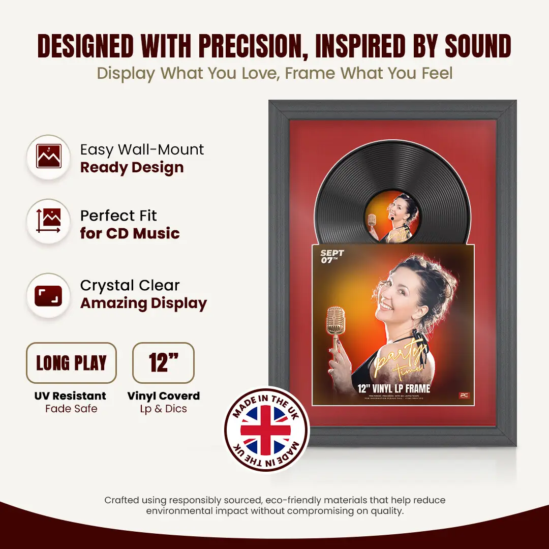 25x17" Classic Dark Grey Vinyl Record Frame For 12 Inch LP Cover & Disc With Crimson Mount | Overlapped Vinyl Display thumbnail 8