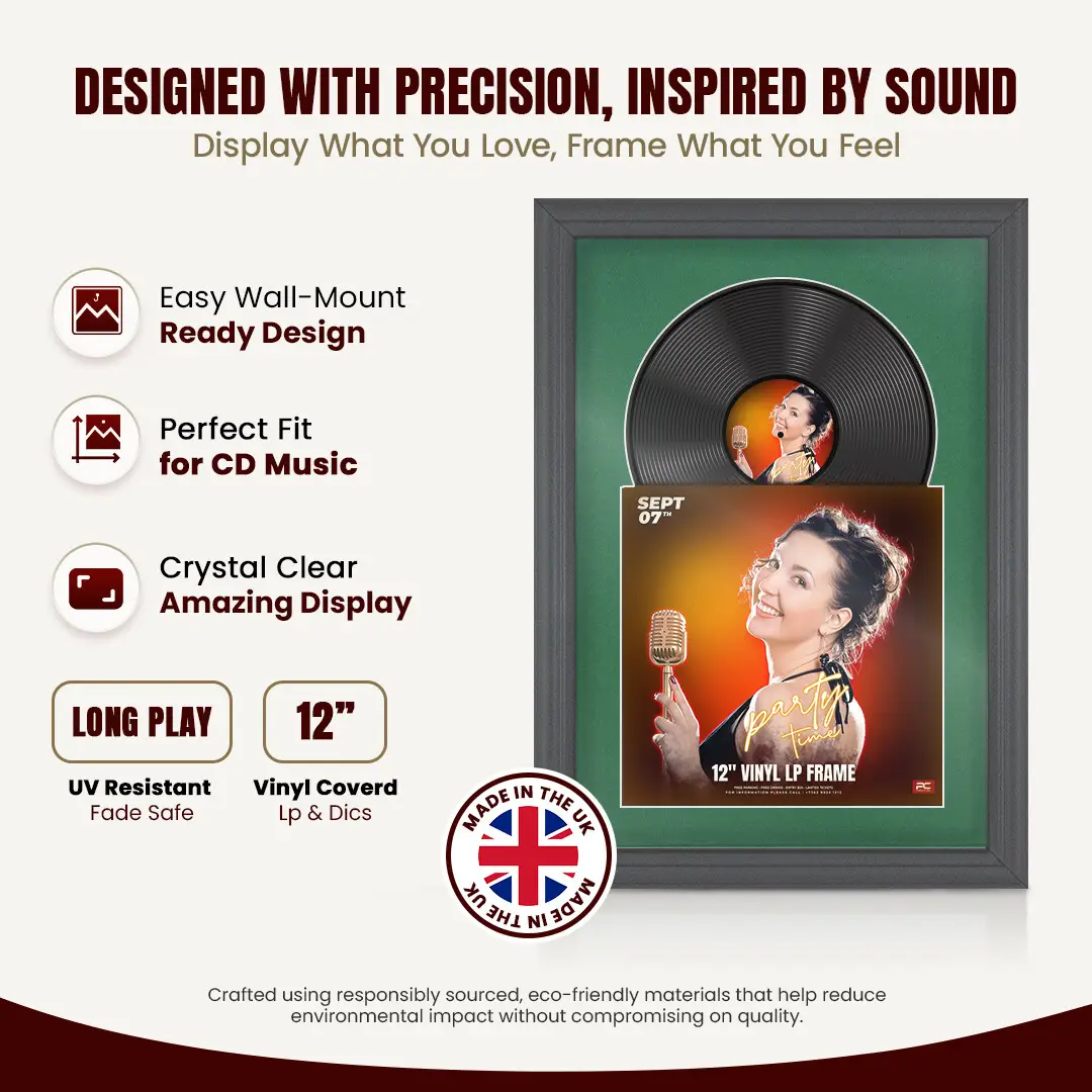 25x17" Classic Dark Grey Vinyl Record Frame For LP Cover & Disc With Emerald (Green) Mount | Overlapped Display thumbnail 8