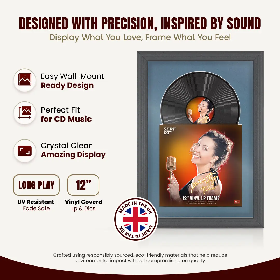 25x17" Classic Dark Grey Vinyl Record Frame For LP Cover & Disc With Pompador Mount | Overlapped Display thumbnail 8