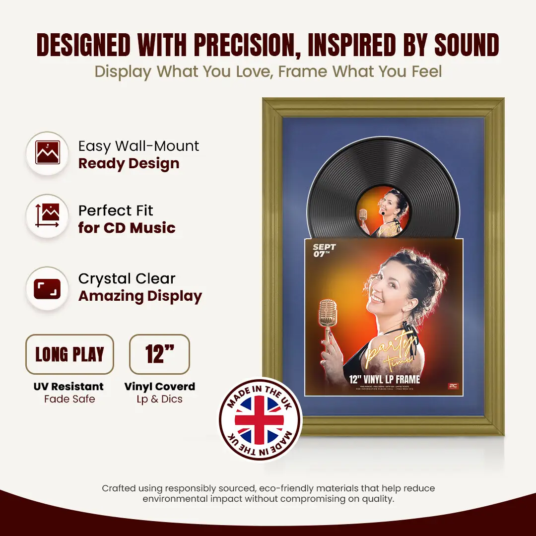 25x17" Classic Gold Vinyl Record Frame For 12 Inch LP Cover & Disc (Overlapped) With Blue Mount | Elegant Music Display thumbnail 8