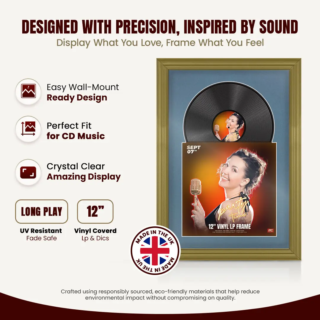 25x17" Classic Gold Vinyl Record Frame For LP Cover & Disc With Pompador Mount | Overlapped Display thumbnail 8