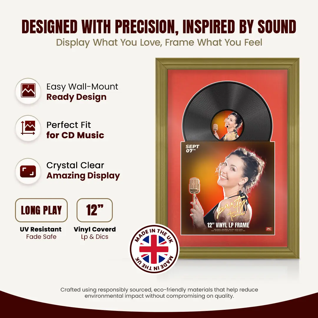 25x17" Classic Gold Vinyl Record Frame For 12 Inch LP Cover & Disc With Poppy Red Mount | Overlapped Vinyl Display thumbnail 8