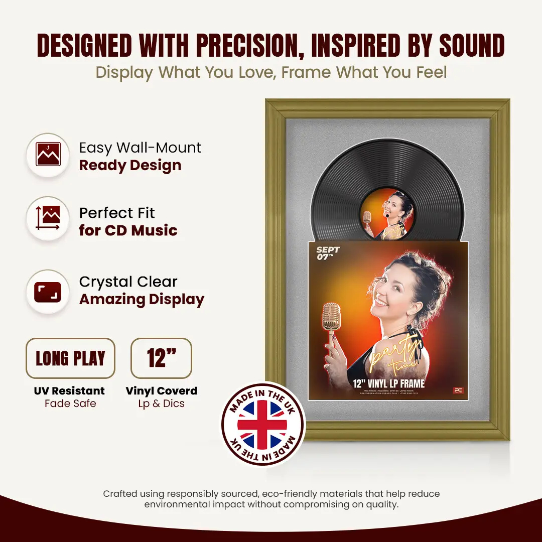 25x17" Classic Gold Vinyl Record Frame For 12 Inch LP Cover & Disc With Black Mount | Overlapped Vinyl Display thumbnail 8