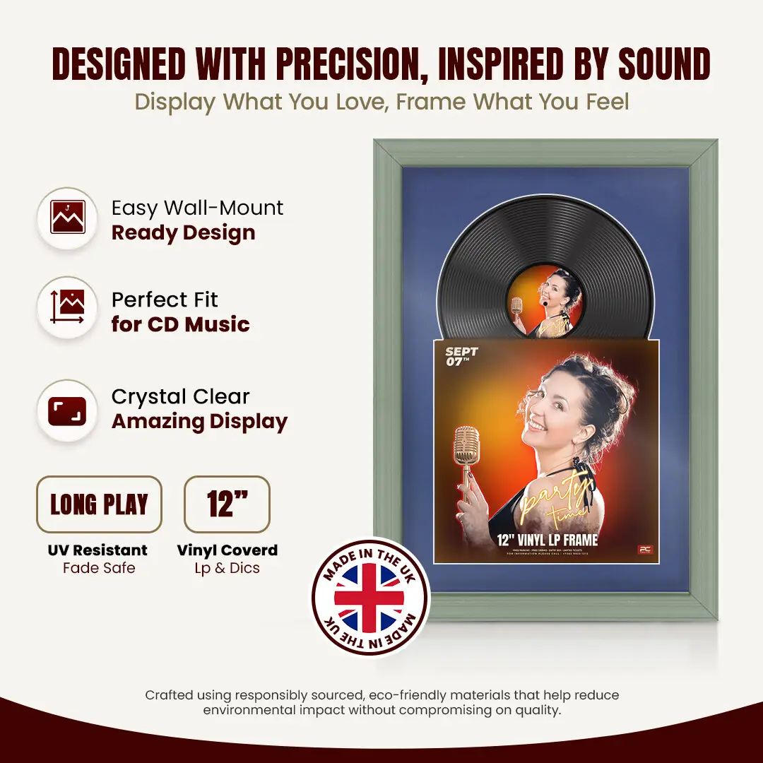 25x17" Classic Green Vinyl Record Frame For LP Cover & Disc With Blue Mount | Overlapped Display thumbnail 8
