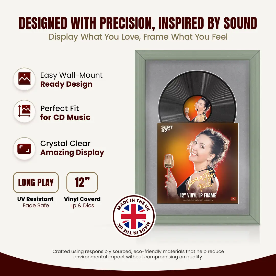 25x17" Classic Green Vinyl Record Frame For 12 Inch LP Cover & Disc With Mid Grey Mount | Overlapped Vinyl Display thumbnail 8