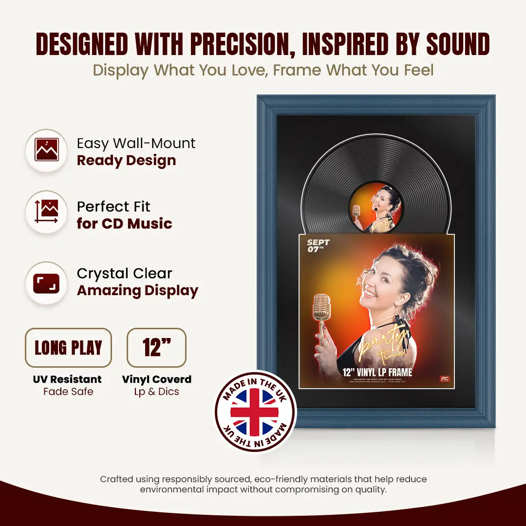 25x17" Classic Navy Blue Vinyl Record Frame For LP Cover & Disc With Poppy Red Mount | Overlapped Display thumbnail 8