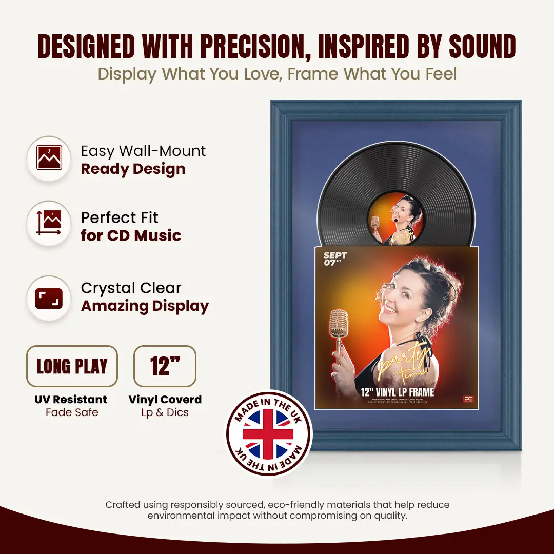 25x17" Classic Navy Blue Vinyl Record Frame For 12 Inch LP Cover & Disc (Overlapped) With Blue Mount | Elegant Music Display thumbnail 8