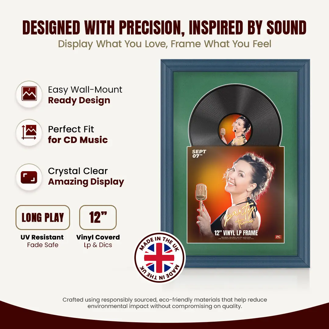 25x17" Classic Navy Blue Vinyl Record Frame For 12 Inch LP Cover & Disc (Overlapped) With Emerald (Green) Mount | Elegant Music Display thumbnail 8