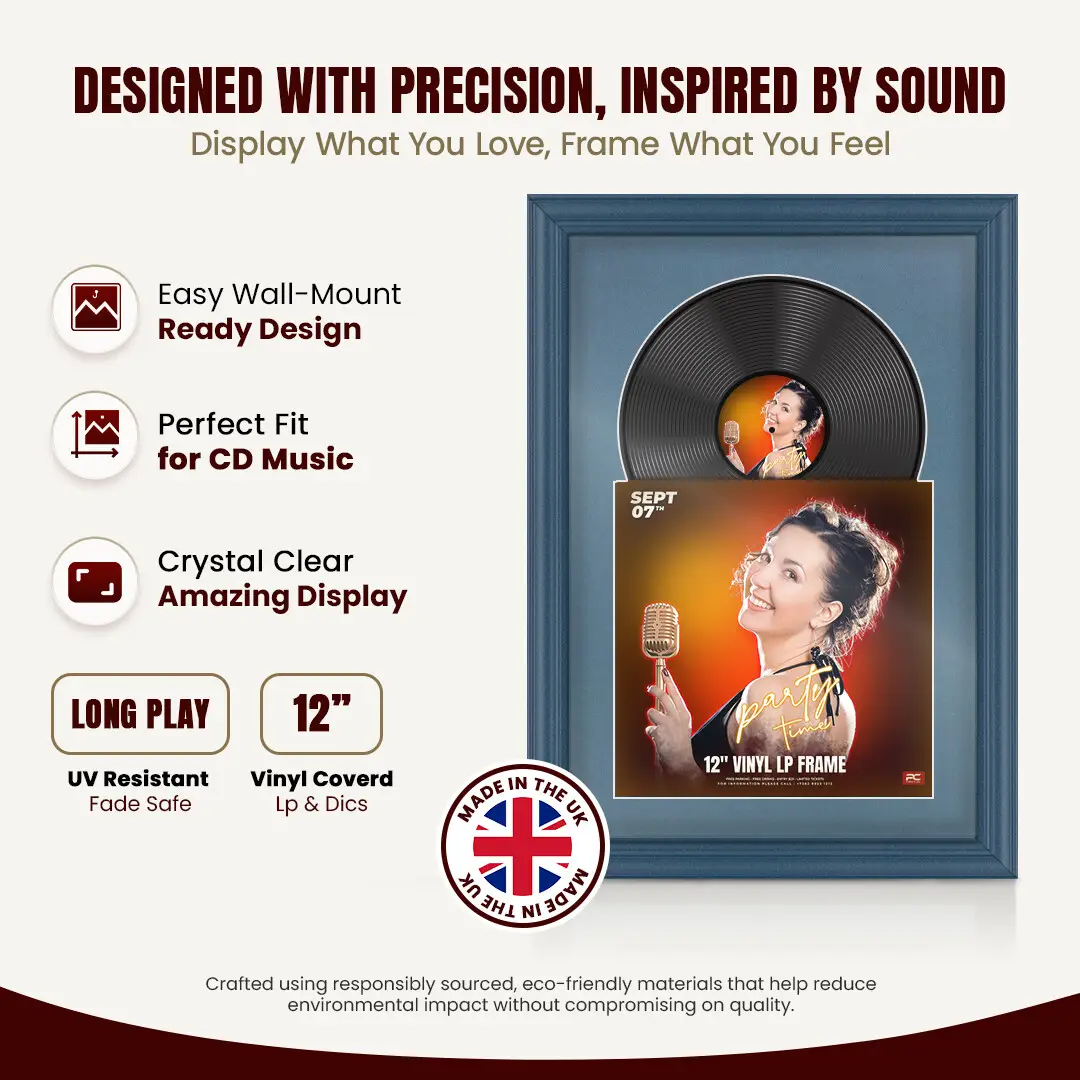 25x17" Classic Navy Blue Vinyl Record Frame For LP Cover & Disc With Pompador Mount | Overlapped Display thumbnail 8