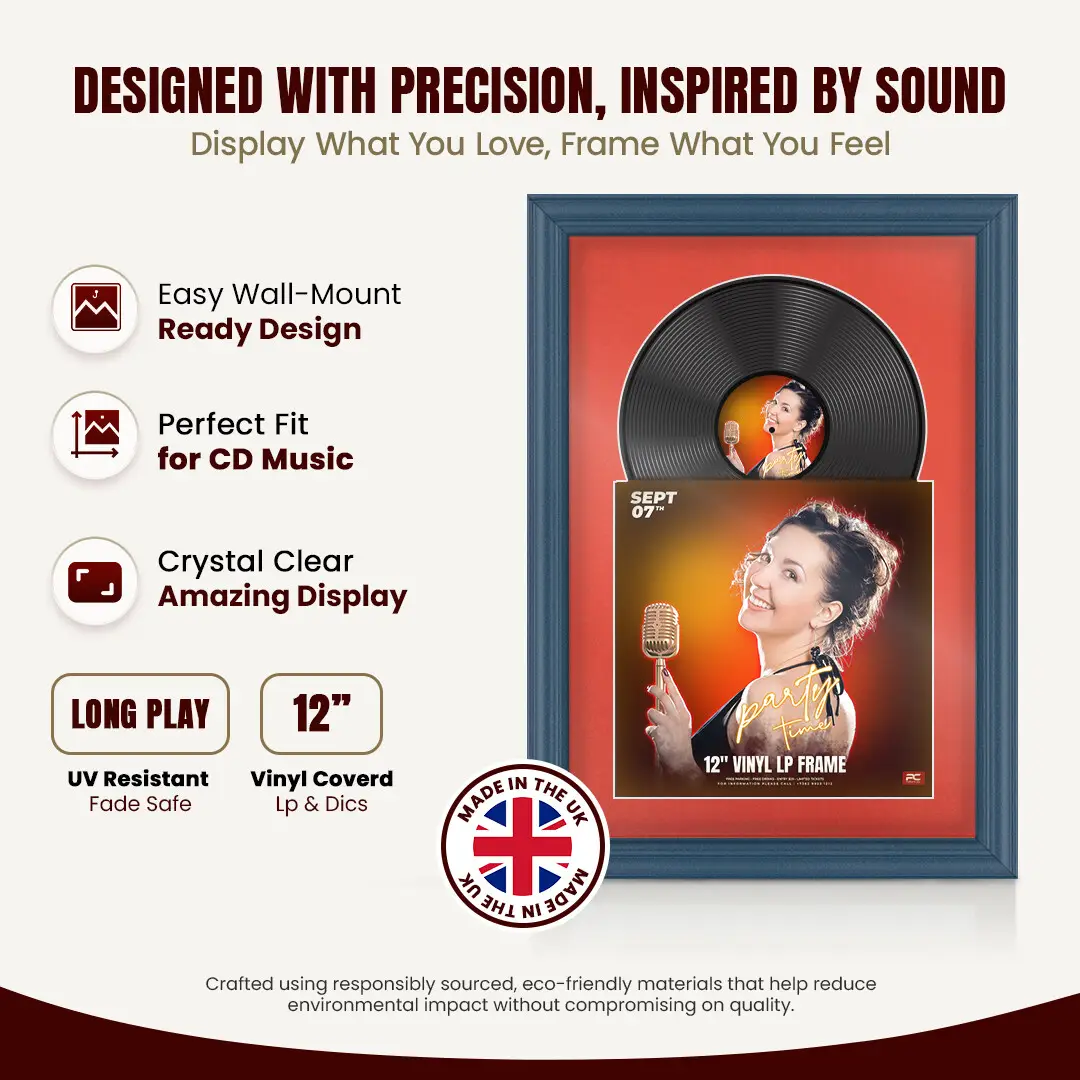 25x17" Classic Navy Blue Vinyl Record Frame For LP Cover & Disc With Poppy Red Mount | Overlapped Display thumbnail 8