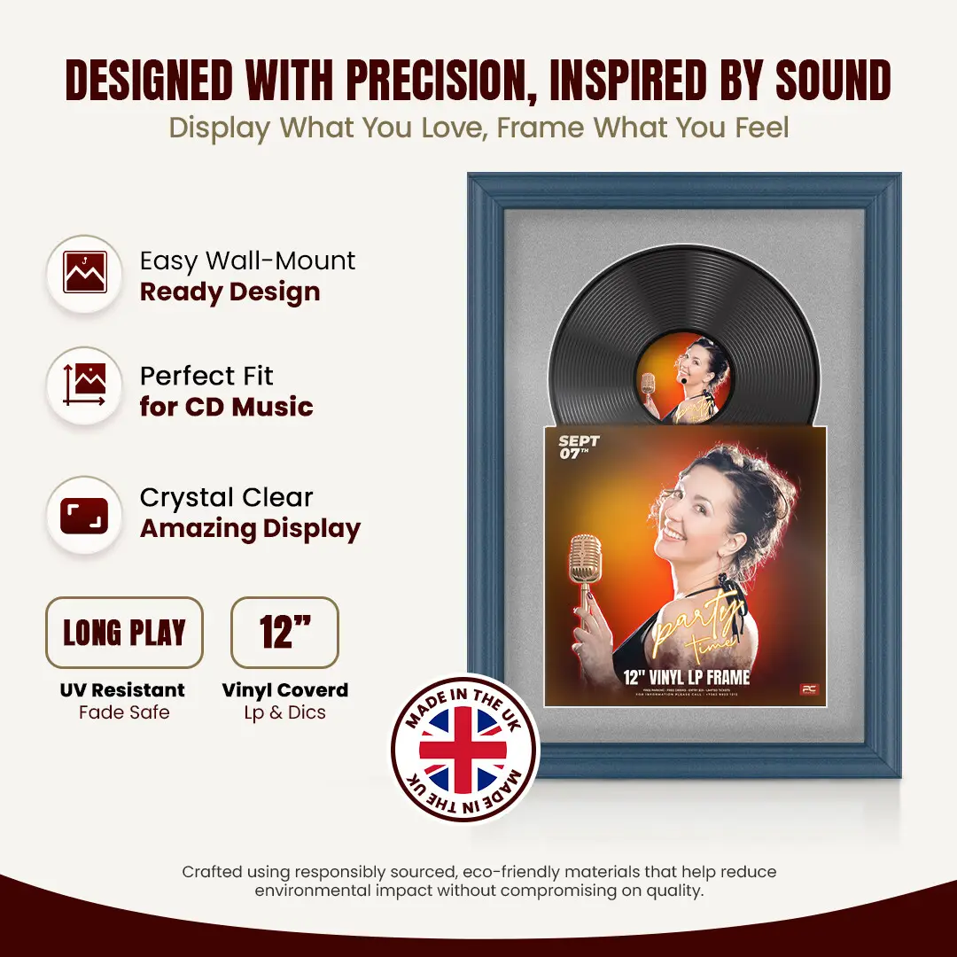 25x17" Classic Navy Blue Vinyl Record Frame For 12 Inch LP Cover & Disc With Silver Mount | Overlapped Vinyl Display thumbnail 8