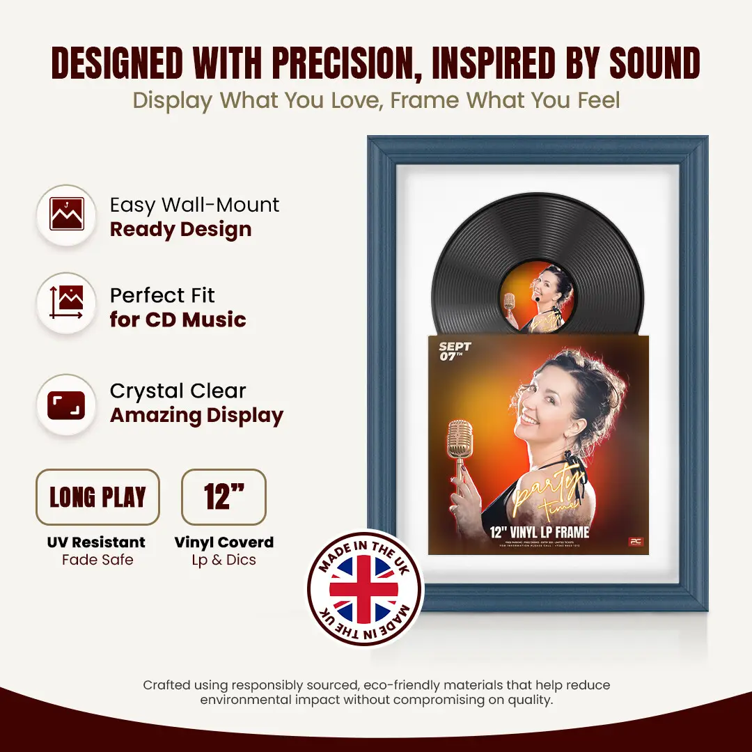 25x17" Classic Navy Blue Vinyl Record Frame For 12 Inch LP Cover & Disc With Black Mount | Overlapped Vinyl Display thumbnail 8