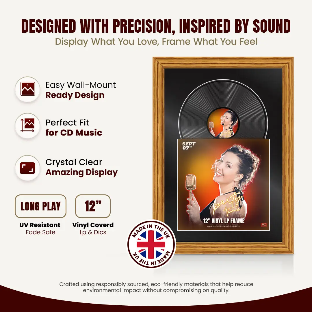 25x17" Classic Oak Vinyl Record Frame For 12 Inch LP Cover & Disc (Overlapped) With Black Mount | Elegant Music Display thumbnail 8
