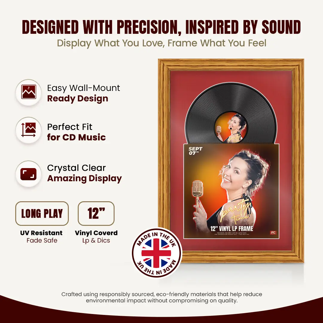 25x17" Classic Oak Vinyl Record Frame For 12 Inch LP Cover & Disc With Crimson Mount | Overlapped Vinyl Display thumbnail 8