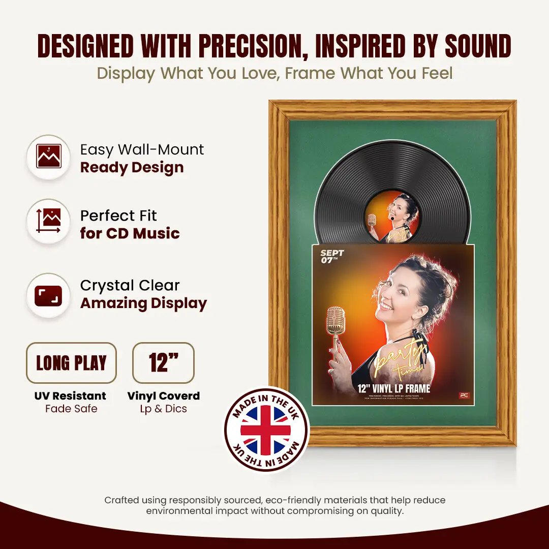 25x17" Classic Oak Vinyl Record Frame For 12 Inch LP Cover & Disc With Emerald (Green) Mount | Overlapped Vinyl Display thumbnail 8