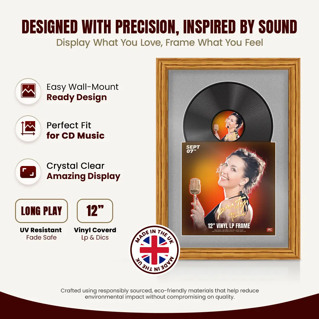 25x17" Classic Oak Vinyl Record Frame For 12 Inch LP Cover & Disc With Silver Mount | Overlapped Vinyl Display thumbnail 8