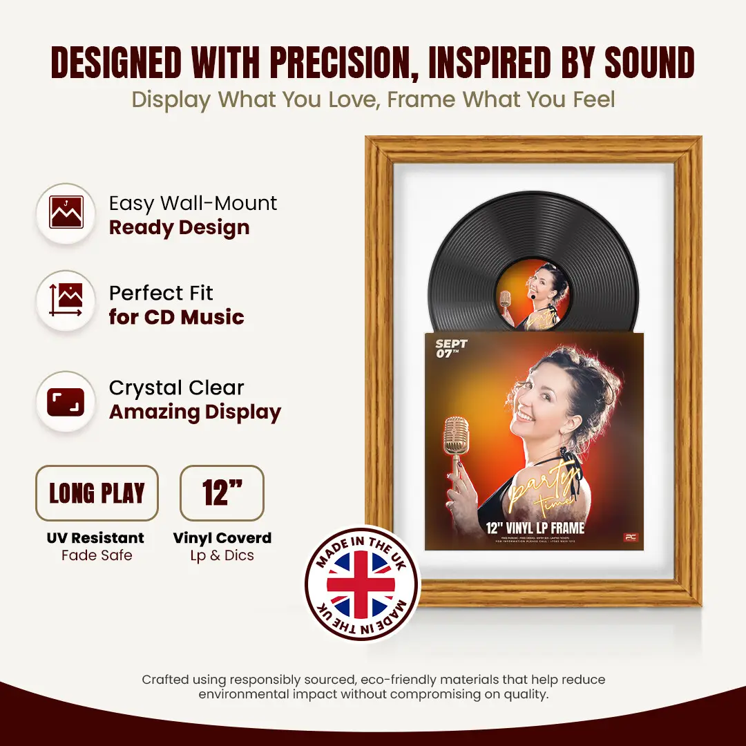 25x17" Classic Oak Vinyl Record Frame For LP Cover & Disc With Ice White Mount | Overlapped Display thumbnail 8