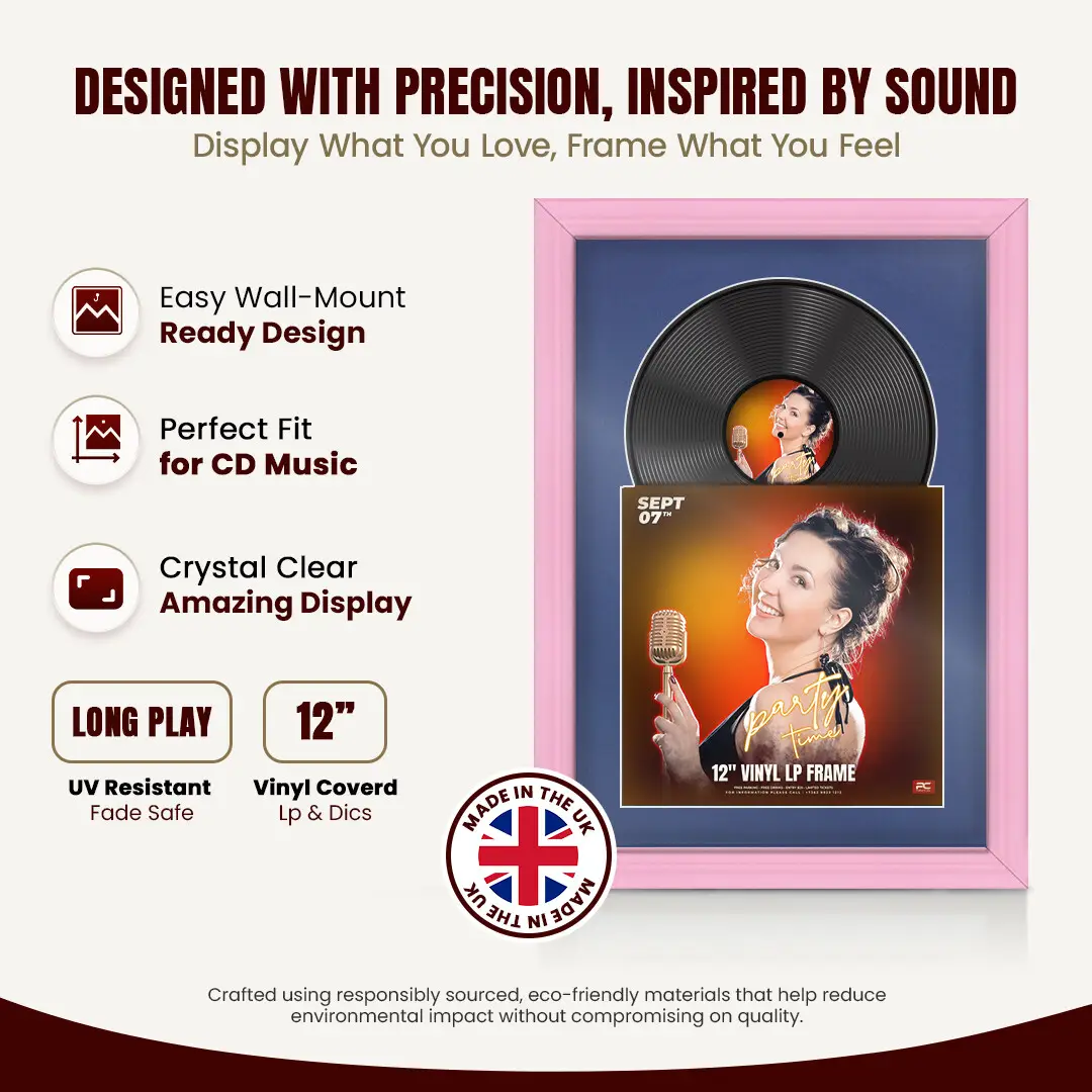 25x17" Classic Pastel Pink Vinyl Record Frame For LP Cover & Disc With Blue Mount | Overlapped Display thumbnail 8