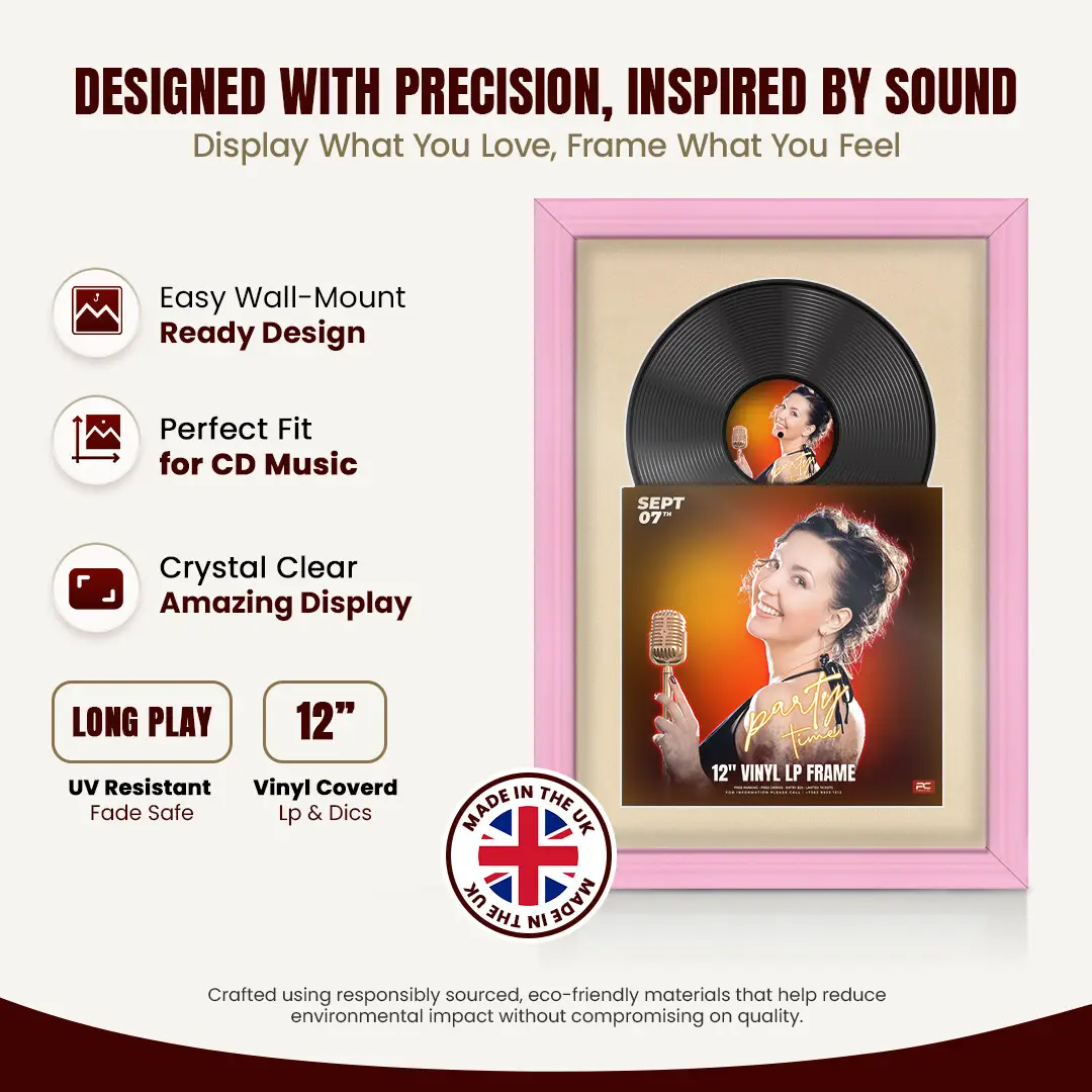 25x17" Classic Pastel Pink Vinyl Record Frame For LP Cover & Disc With Poppy Red Mount | Overlapped Display thumbnail 8