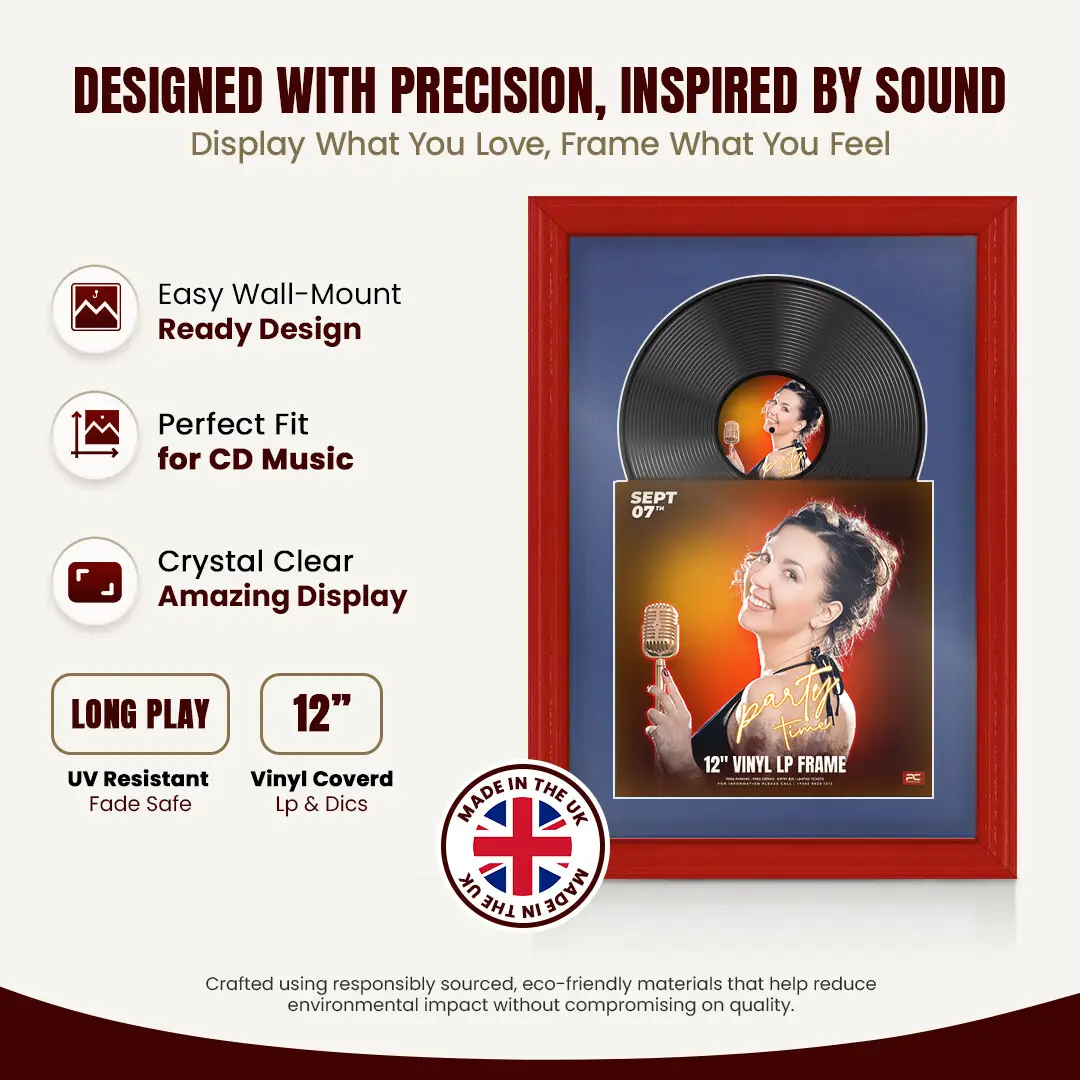25x17" Classic Red Vinyl Record Frame For 12 Inch LP Cover & Disc With Blue Mount | Overlapped Vinyl Display thumbnail 8