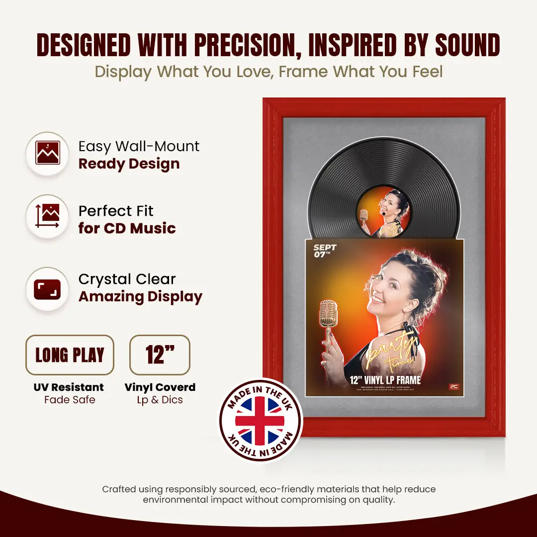 25x17" Classic Red Vinyl Record Frame For LP Cover & Disc With Mid Grey Mount | Overlapped Display thumbnail 8