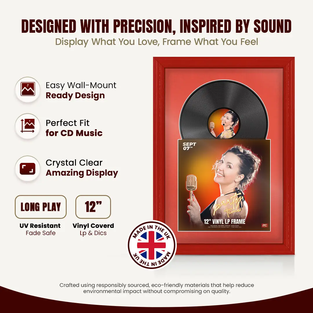 25x17" Classic Red Vinyl Record Frame For LP Cover & Disc With Poppy Red Mount | Overlapped Display thumbnail 8