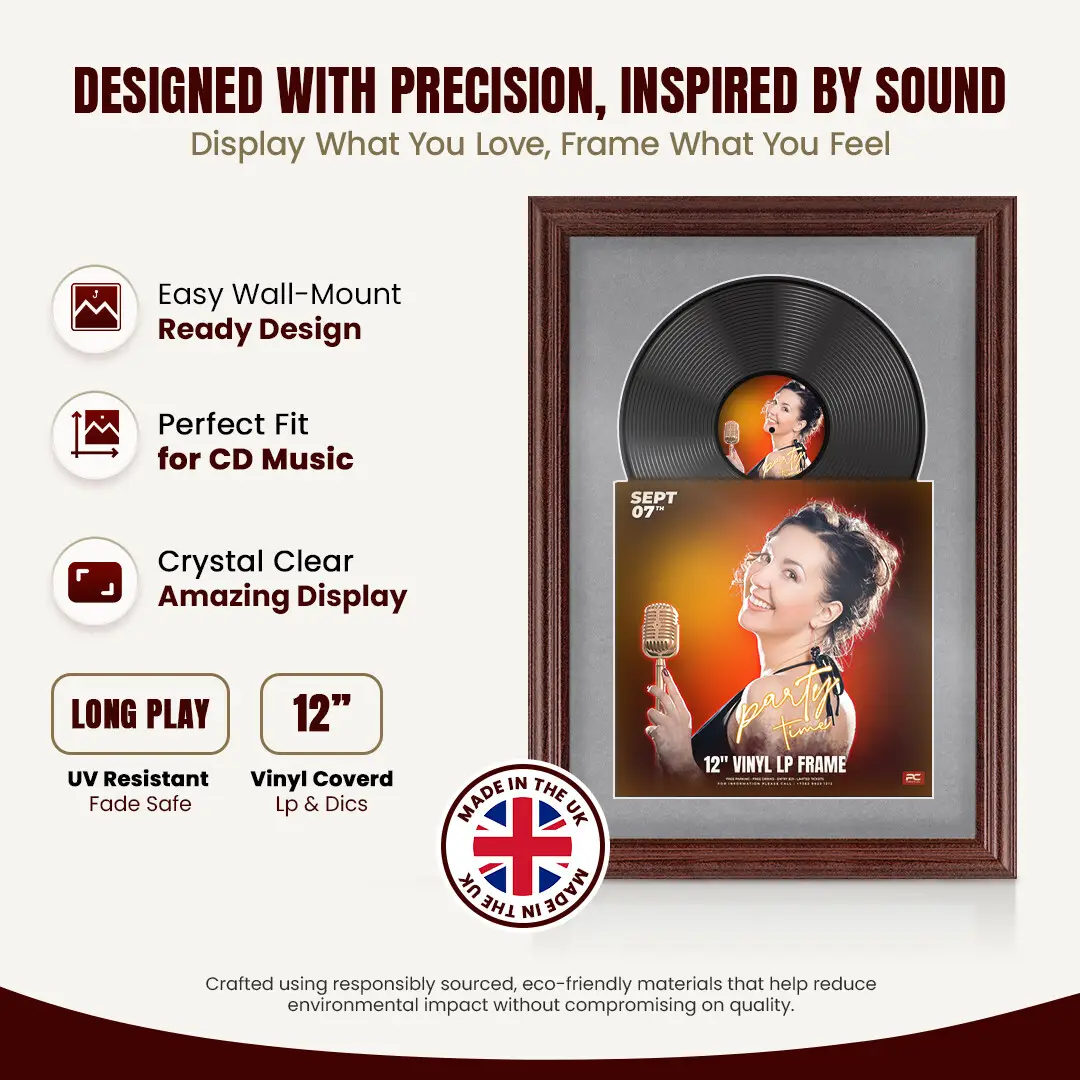 25x17" Classic Rose Wood Vinyl Record Frame For 12 Inch LP Cover & Disc With Mid Grey Mount | Overlapped Vinyl Display thumbnail 8