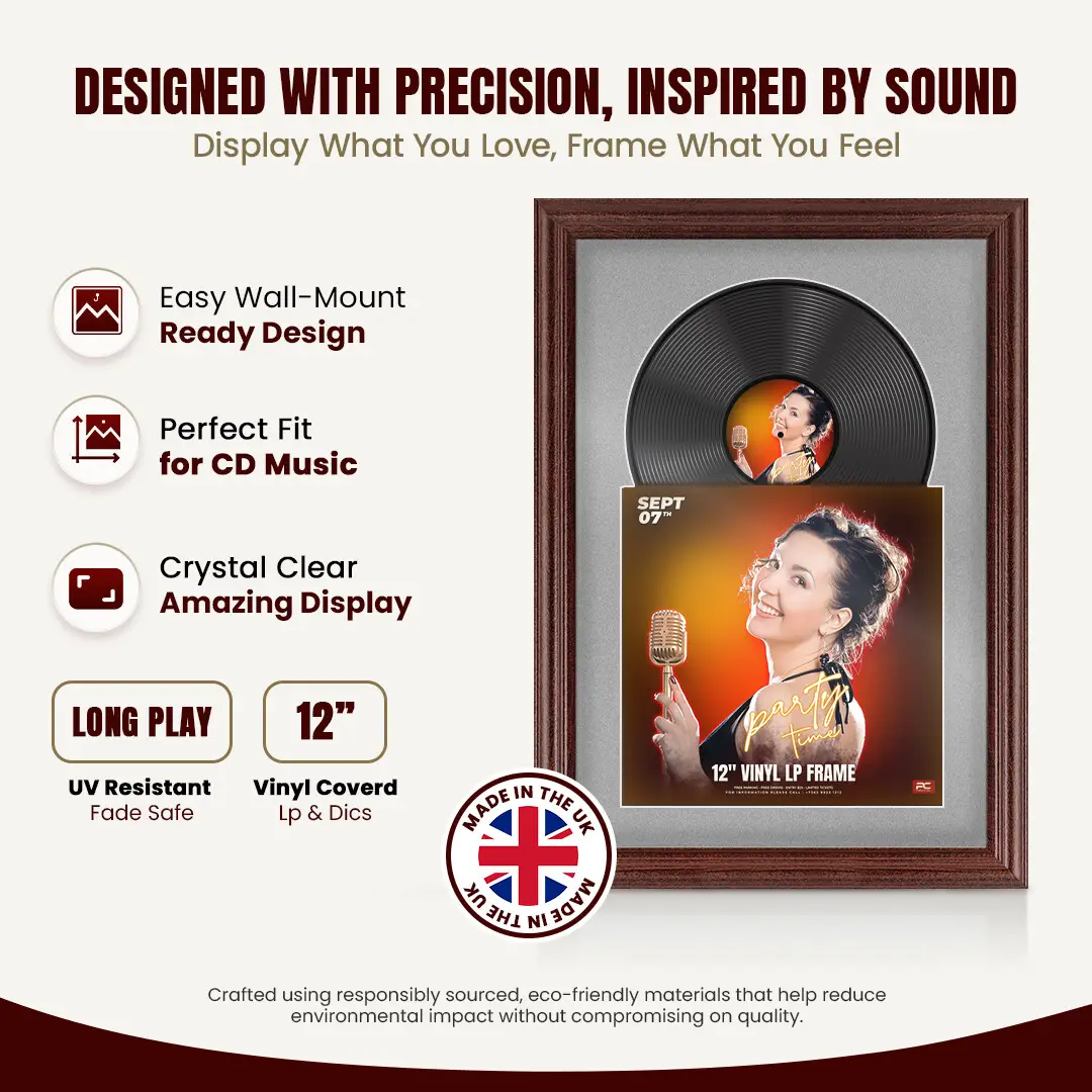 25x17" Classic Rose Wood Vinyl Record Frame For LP Cover & Disc With Silver Mount | Overlapped Display thumbnail 8