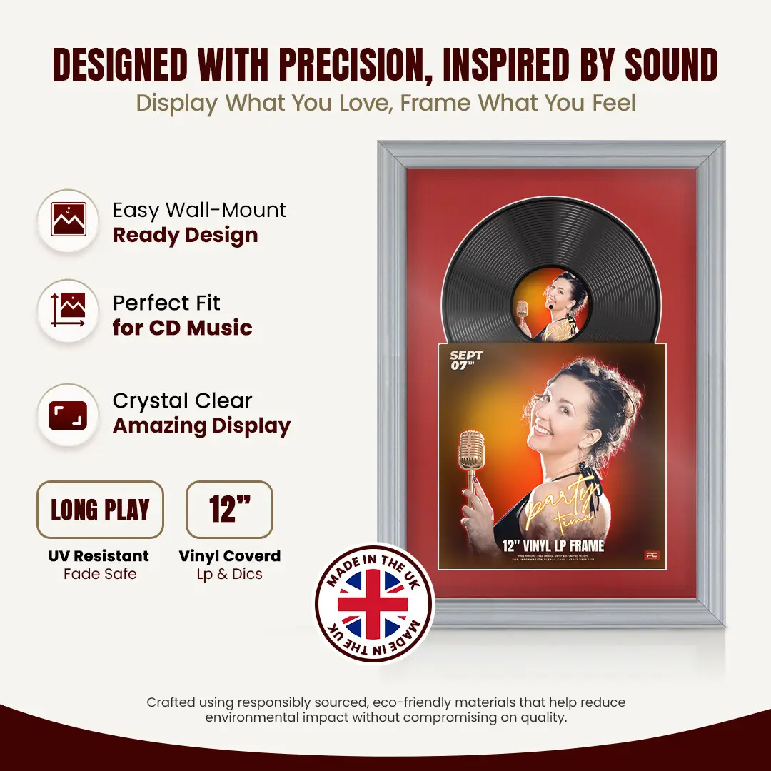 25x17" Classic Silver Vinyl Record Frame For 12 Inch LP Cover & Disc (Overlapped) With Crimson Mount | Elegant Music Display thumbnail 8