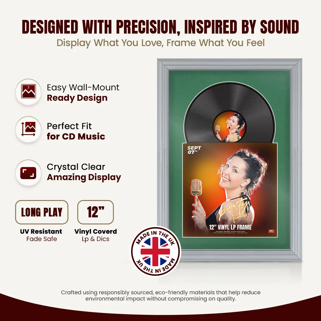 25x17" Classic Silver Vinyl Record Frame For LP Cover & Disc With Emerald (Green) Mount | Overlapped Display thumbnail 8