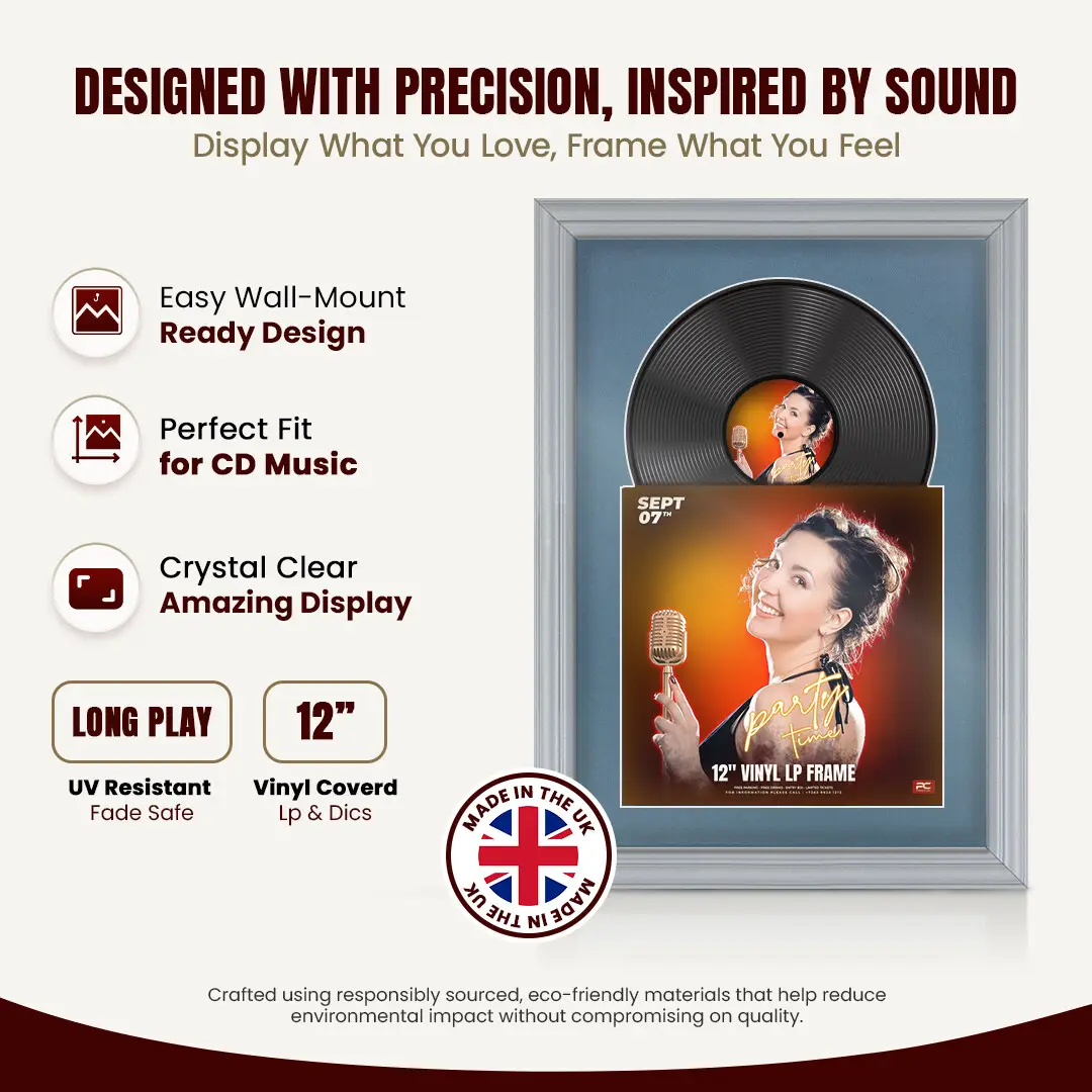 25x17" Classic Silver Vinyl Record Frame For 12 Inch LP Cover & Disc (Overlapped) With Pompador Mount | Elegant Music Display thumbnail 8
