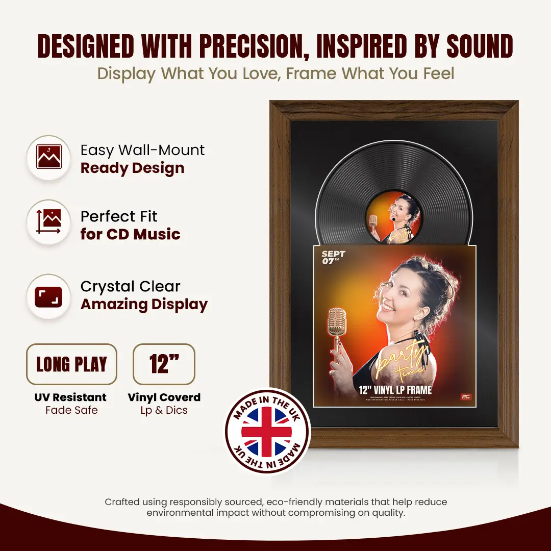 25x17" Classic Walnut Vinyl Record Frame For LP Cover & Disc With Black Mount | Overlapped Display thumbnail 8