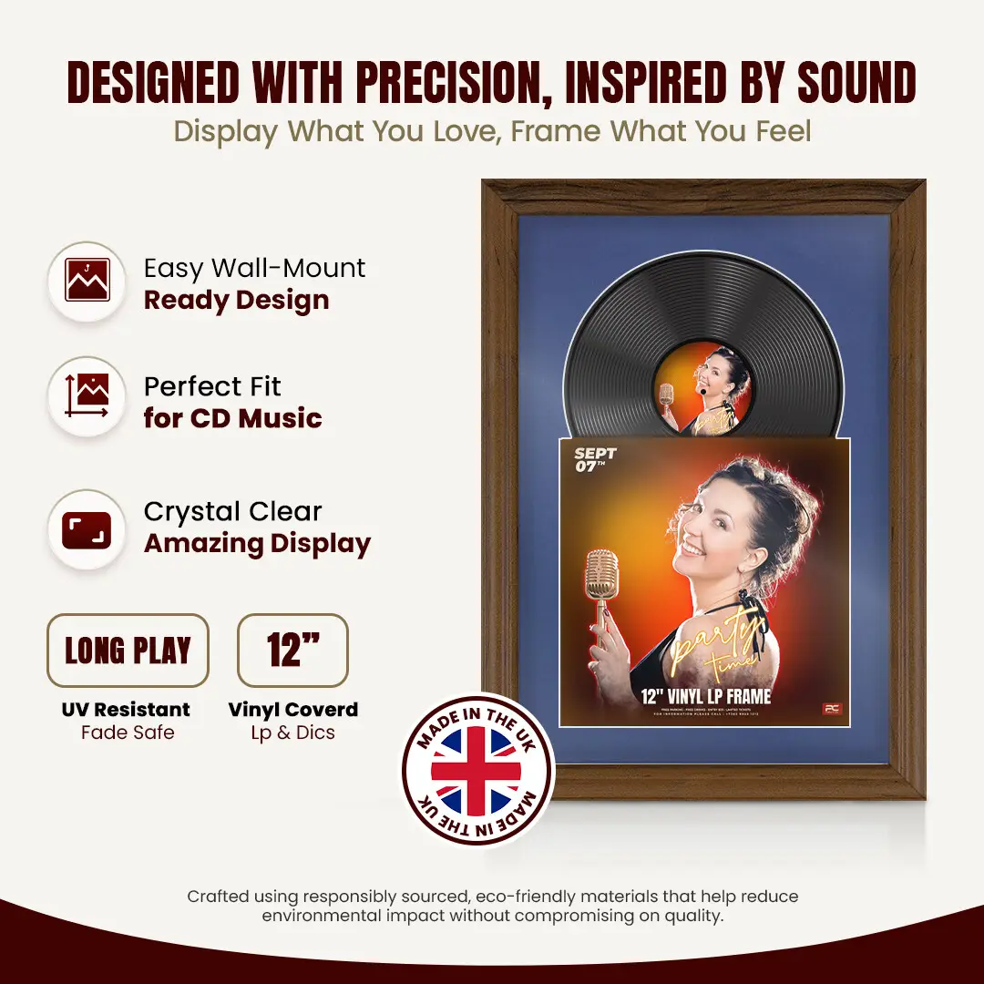 25x17" Classic Walnut Vinyl Record Frame For 12 Inch LP Cover & Disc (Overlapped) With Blue Mount | Elegant Music Display thumbnail 8