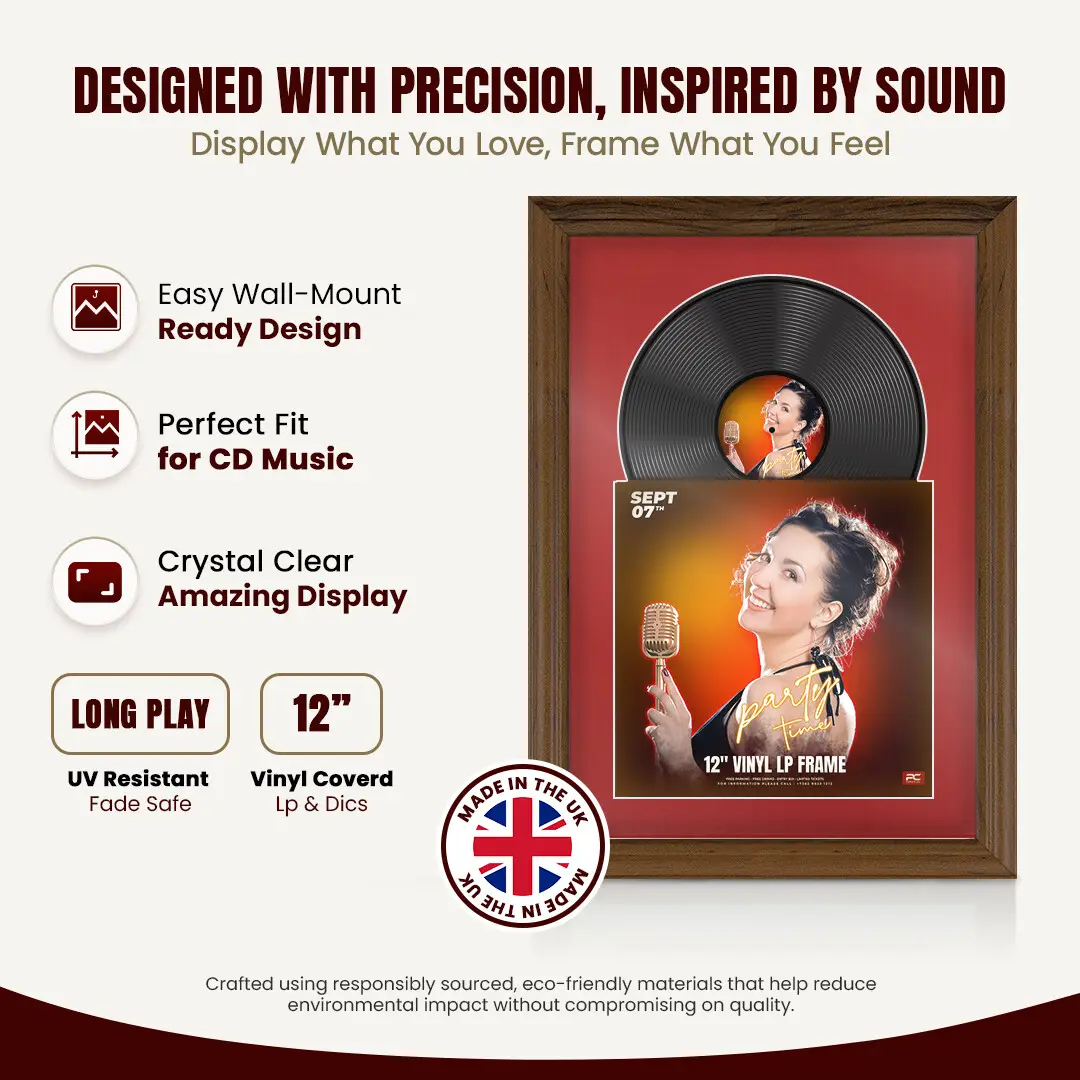25x17" Classic Walnut Vinyl Record Frame For 12 Inch LP Cover & Disc (Overlapped) With Crimson Mount | Elegant Music Display thumbnail 8