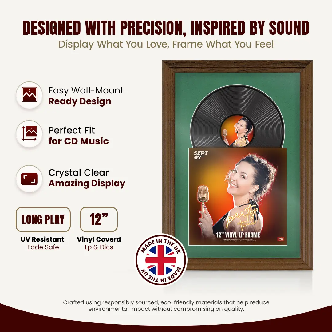 25x17" Classic Walnut Vinyl Record Frame For 12 Inch LP Cover & Disc With Emerald (Green) Mount | Overlapped Vinyl Display thumbnail 8