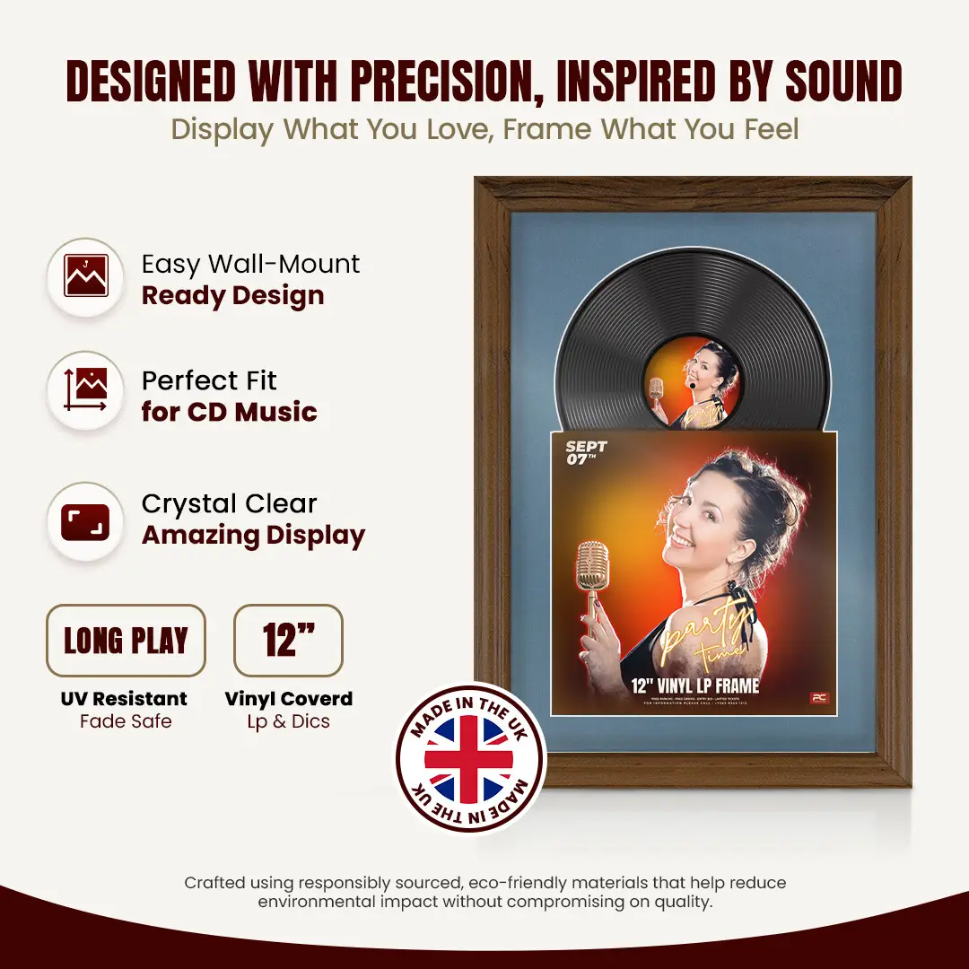 25x17" Classic Walnut Vinyl Record Frame For LP Cover & Disc With Pompador Mount | Overlapped Display thumbnail 8