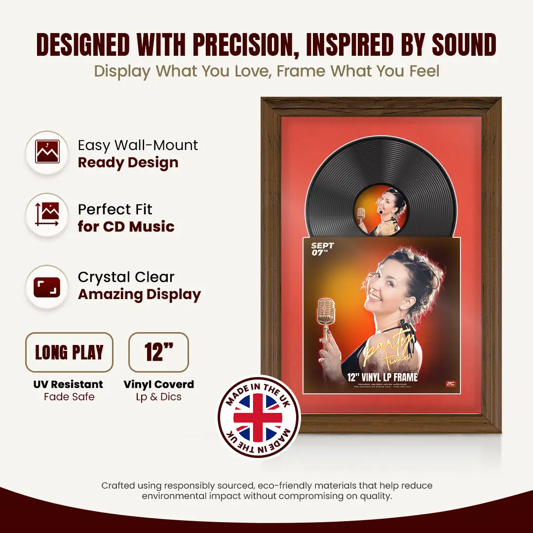 25x17" Classic Walnut Vinyl Record Frame For 12 Inch LP Cover & Disc With Black Mount | Overlapped Vinyl Display thumbnail 8