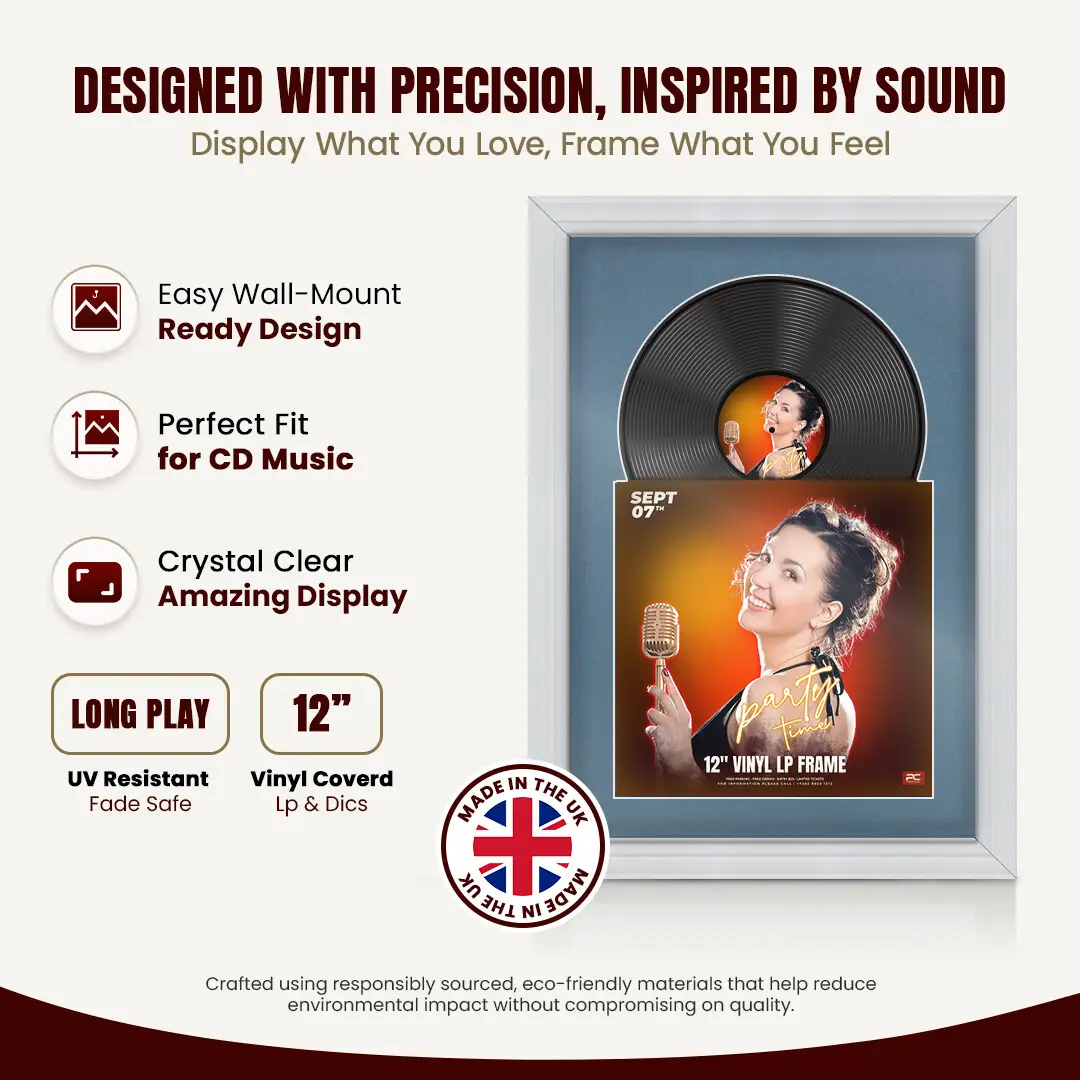25x17" Classic White Vinyl Record Frame For 12 Inch LP Cover & Disc (Overlapped) With Pompador Mount | Elegant Music Display thumbnail 8