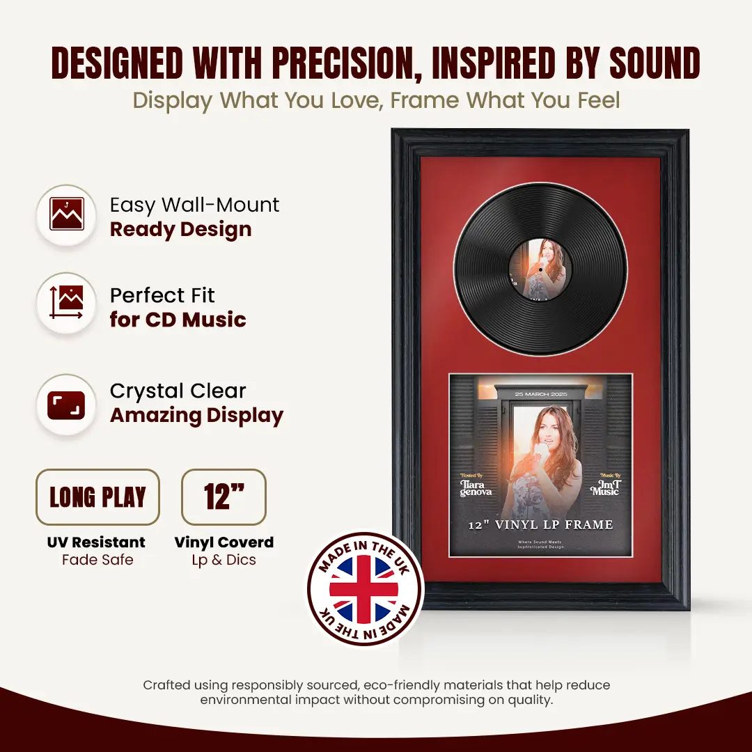 30x17" Classic Black Vinyl Record Frame With Crimson Mount | Side by Side 12" LP Cover & Disc Display thumbnail 8