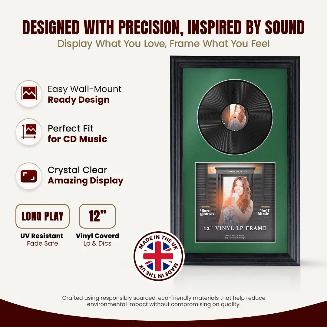 30x17" Classic Black Vinyl Record Frame With Emerald (Green) Mount | For 12" LP Cover and Disc Side By Side Display thumbnail 8