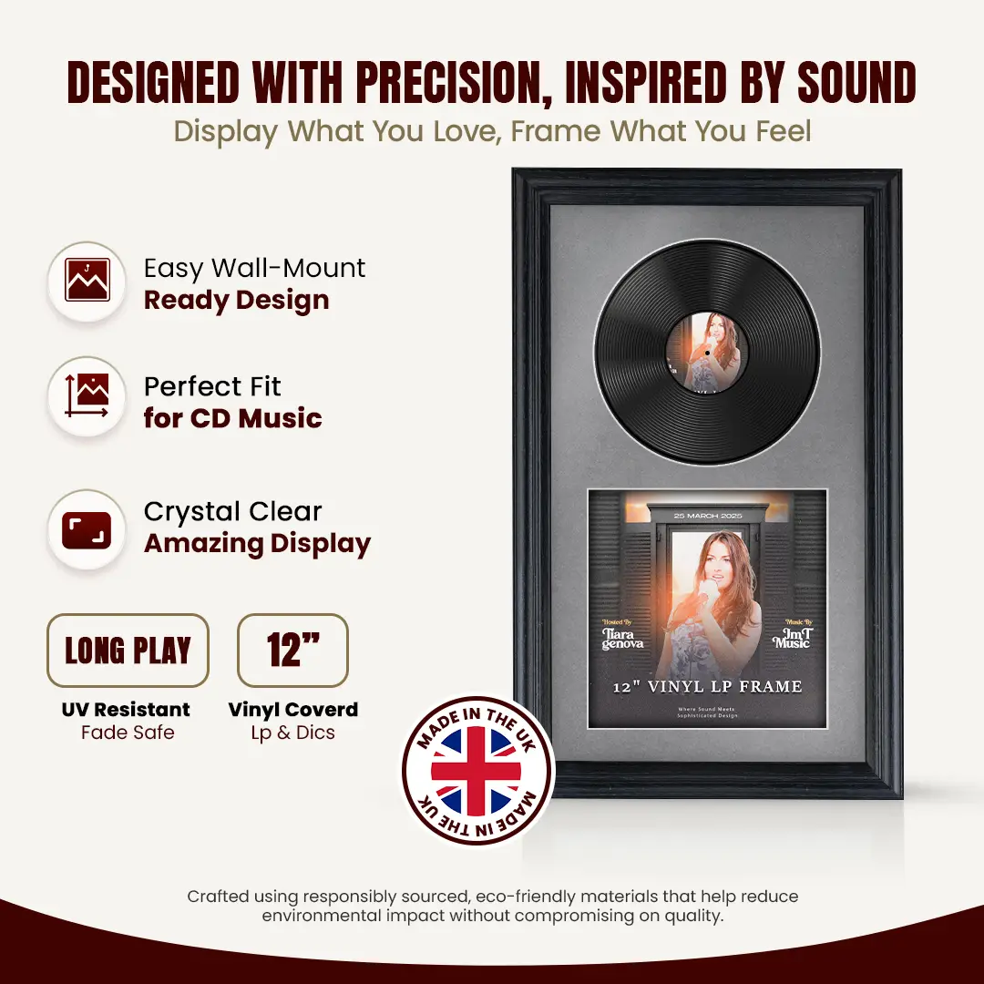 30x17" Classic Black Vinyl Record Frame With Mid Grey Mount | For 12" LP Cover and Disc Side By Side Display thumbnail 8