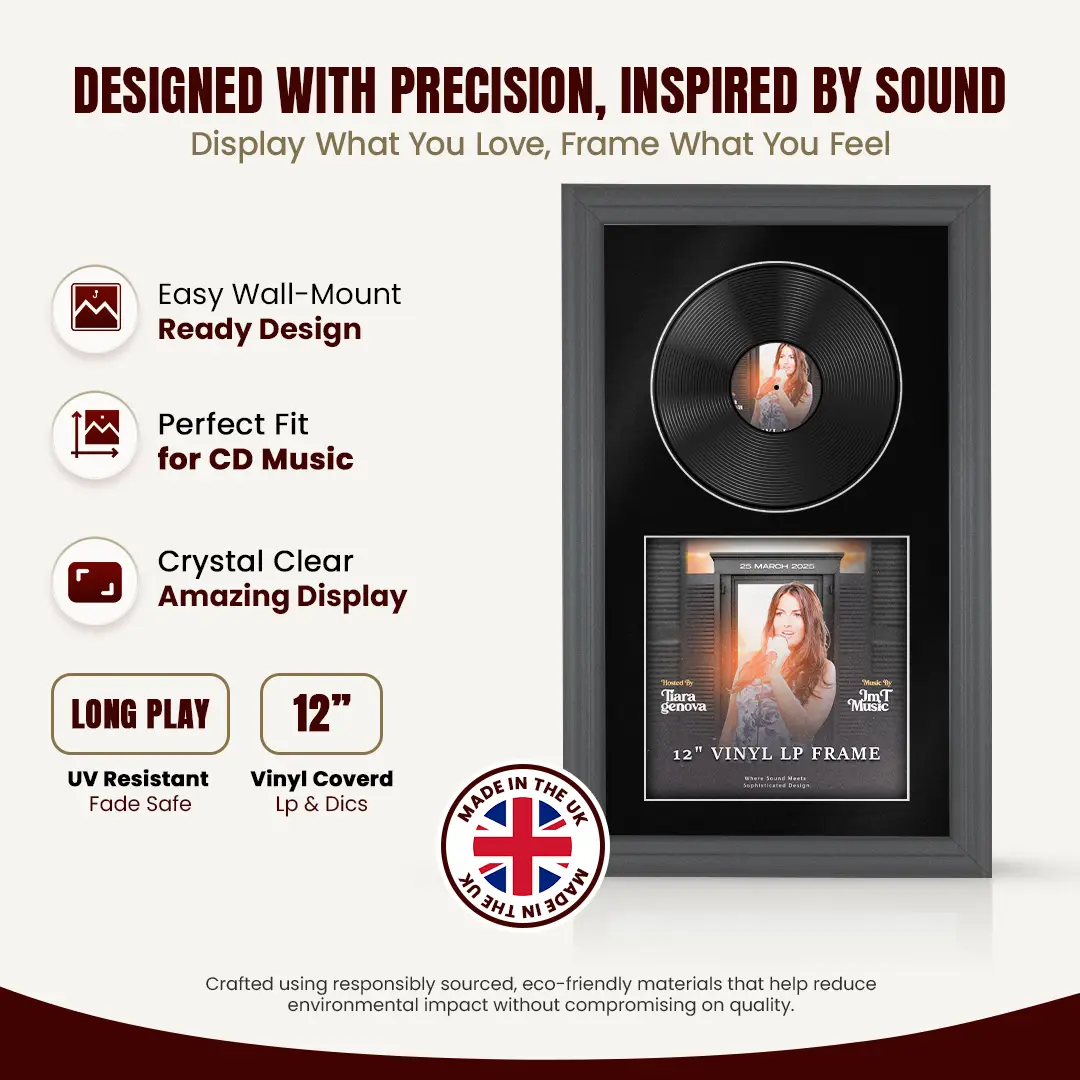 30x17" Classic Dark Grey Vinyl Record Frame With Black Mount | Displays 12" LP Cover & Disc Side by Side thumbnail 8